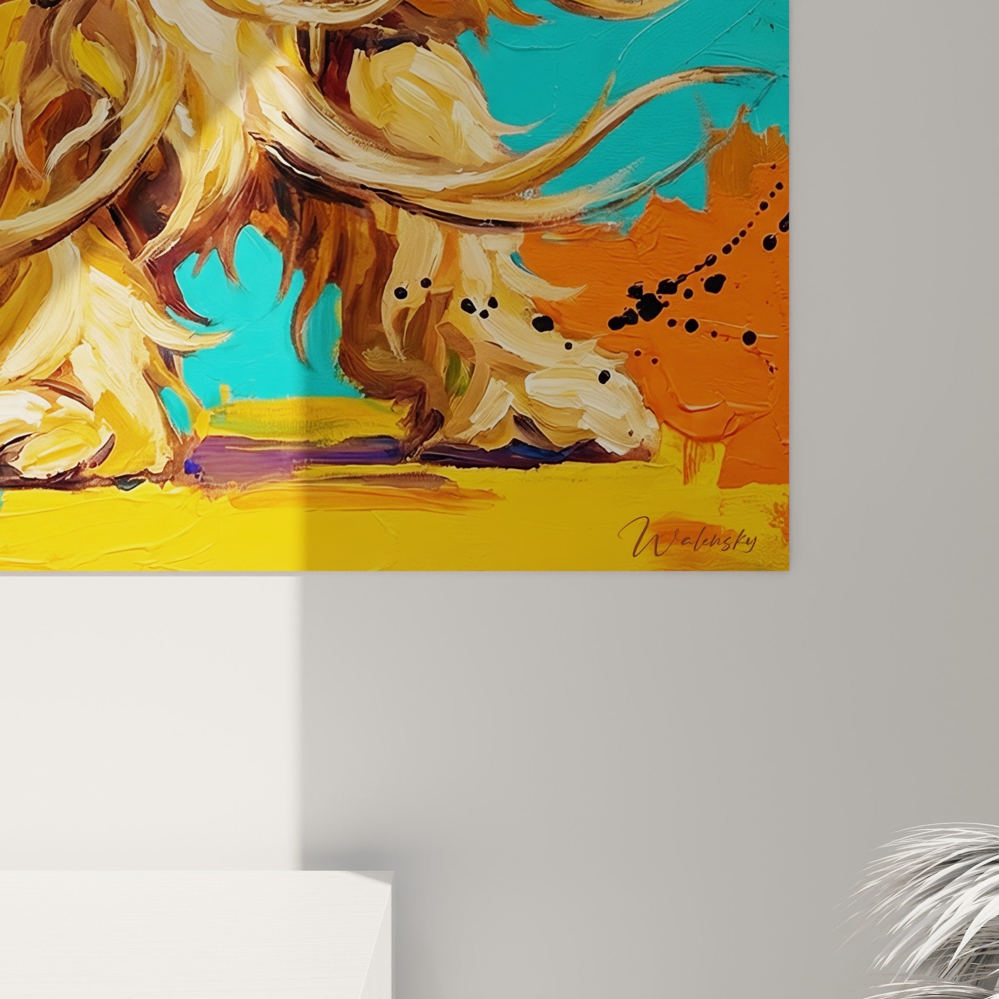 Vue ambiance salon tableau Lhassa Apso couleurs vives integre dans decoration contemporaine