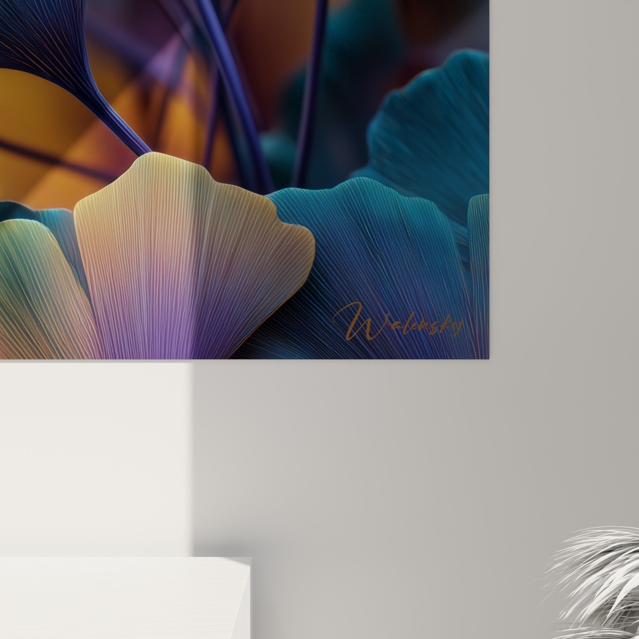 Vue ensemble tableau ginkgo coloré ambiance moderne salon decoration contemporaine