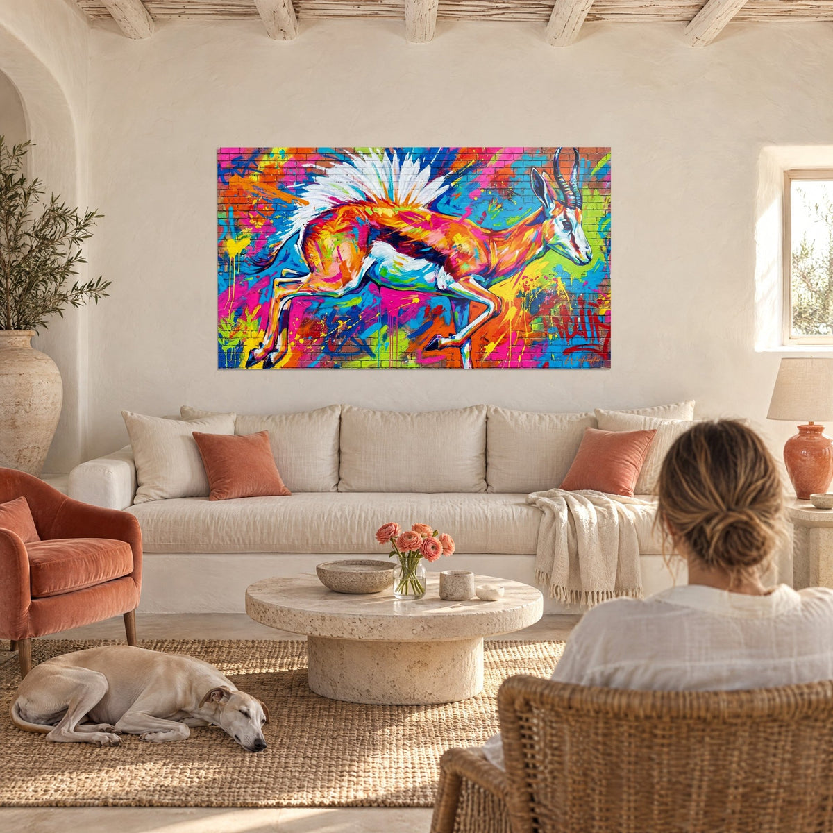 Wall art leaping orange springbok, white mane raised against a pink and blue background, above a sofa in a bright living room