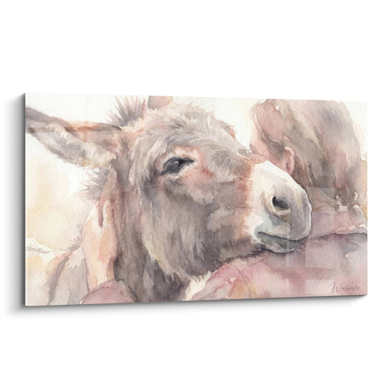 Aquarel ezel schilderij met roze en beige tinten - Boerderijke tederheid - Editie Ezel