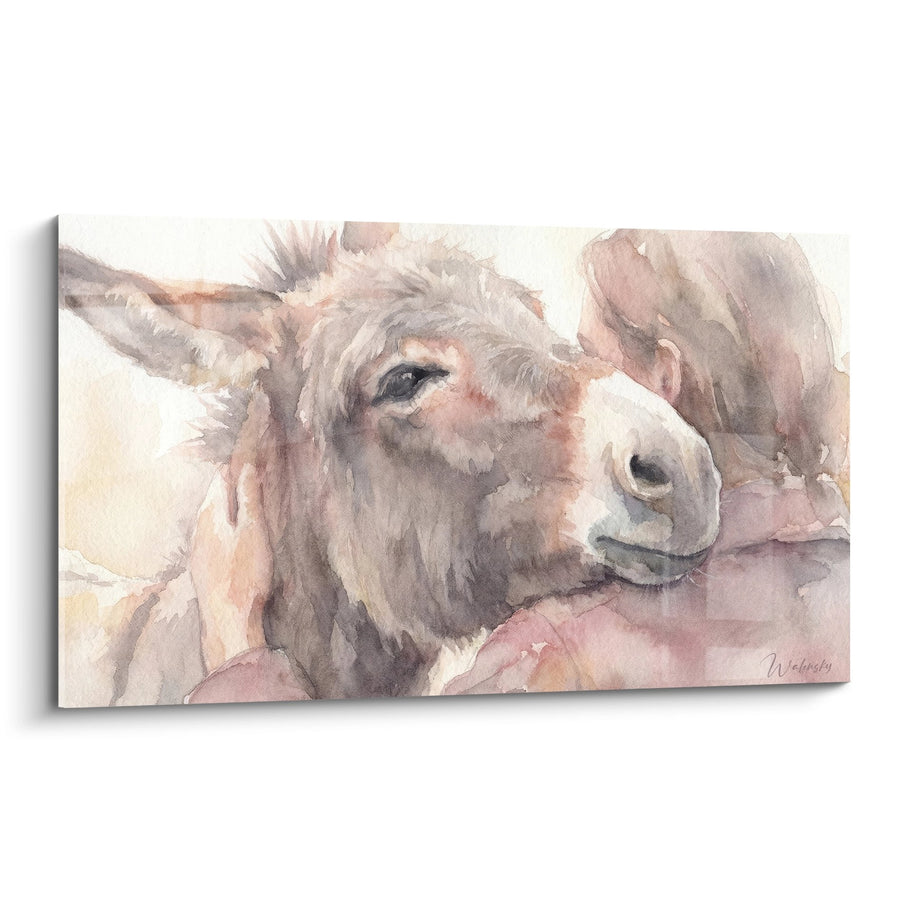 Tableau aquarelle âne aux teintes rosées et beiges - Tendresse champêtre - Edition âne