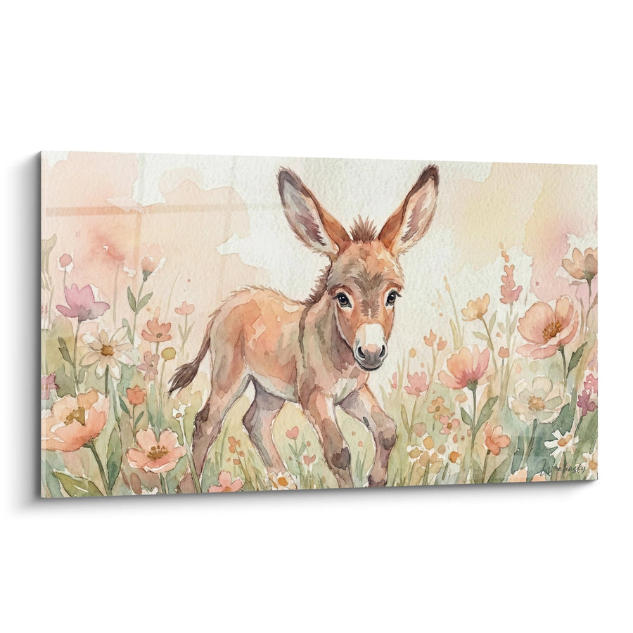 Tableau aquarelle ânon dans un champ de fleurs roses et pêche - Douceur champêtre - Edition âne