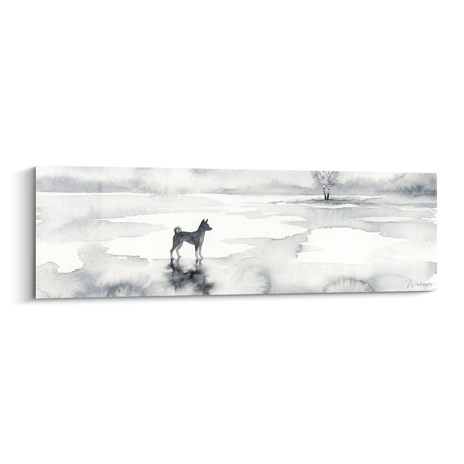 Aquarelle Basenji silhouette noire sur paysage glace hiver tons gris blanc brume arctique