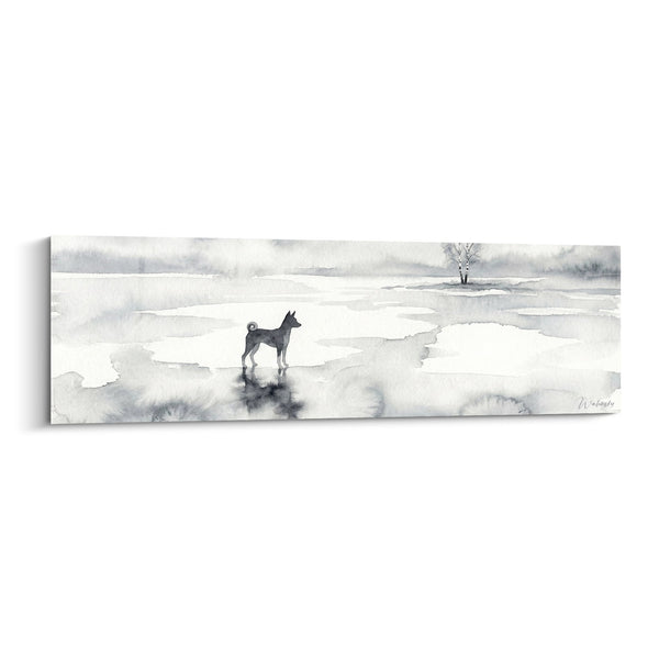 Tableau Chien Silhouette sur Glace Hivernale - Solitude Arctique - Edition Basenji