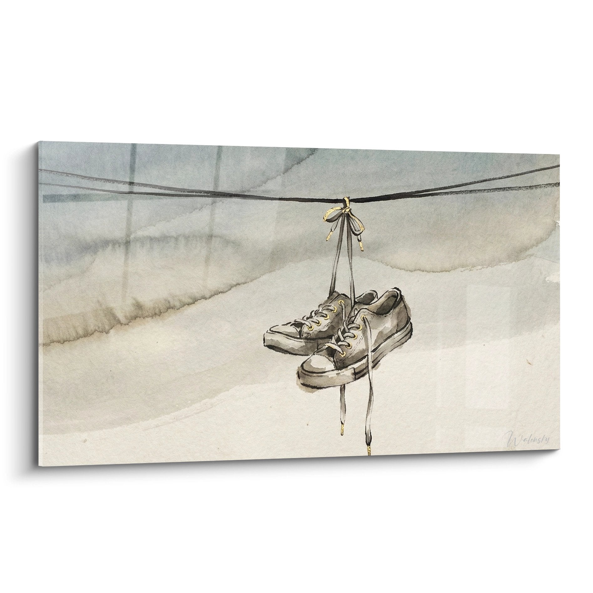 Watercolor grey sneakers hanging on electric wire urban atmosphere nostalgia Bronx