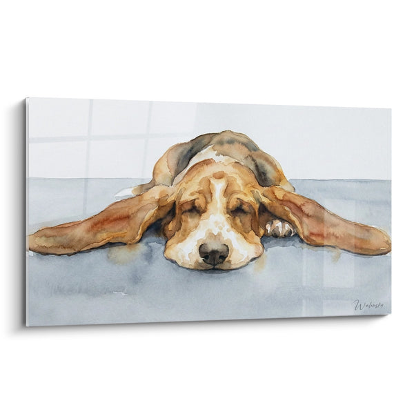 Tableau Basset Hound Endormi aux Tons Aquarelle - Repos Paisible - Edition Basset Hound