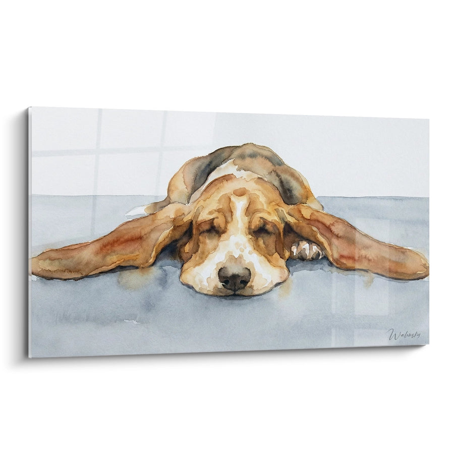 Tableau Basset Hound Endormi aux Tons Aquarelle - Repos Paisible - Edition Basset Hound