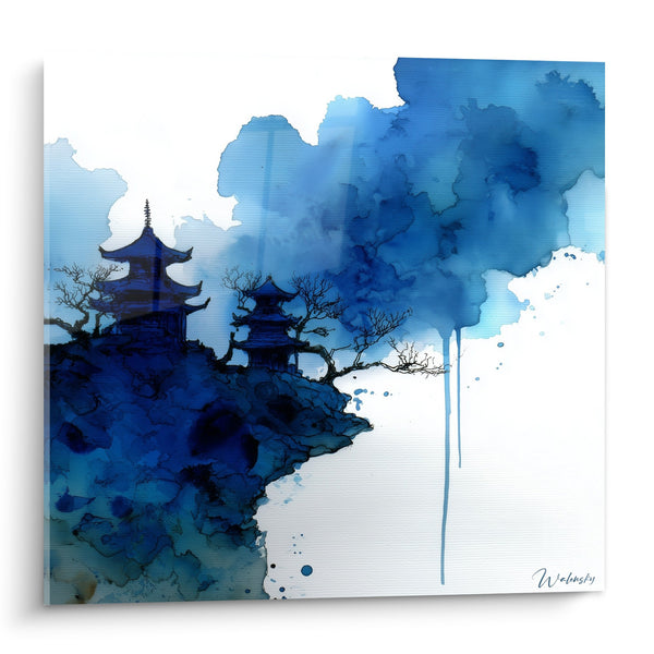 Tableau Aquarelle Bleue Temples Asiatiques sur Falaise - Sérénité Orientale - Edition Pagode