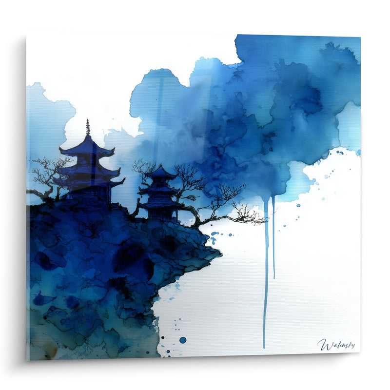 Tableau Aquarelle Bleue Temples Asiatiques sur Falaise - Sérénité Orientale - Edition Pagode