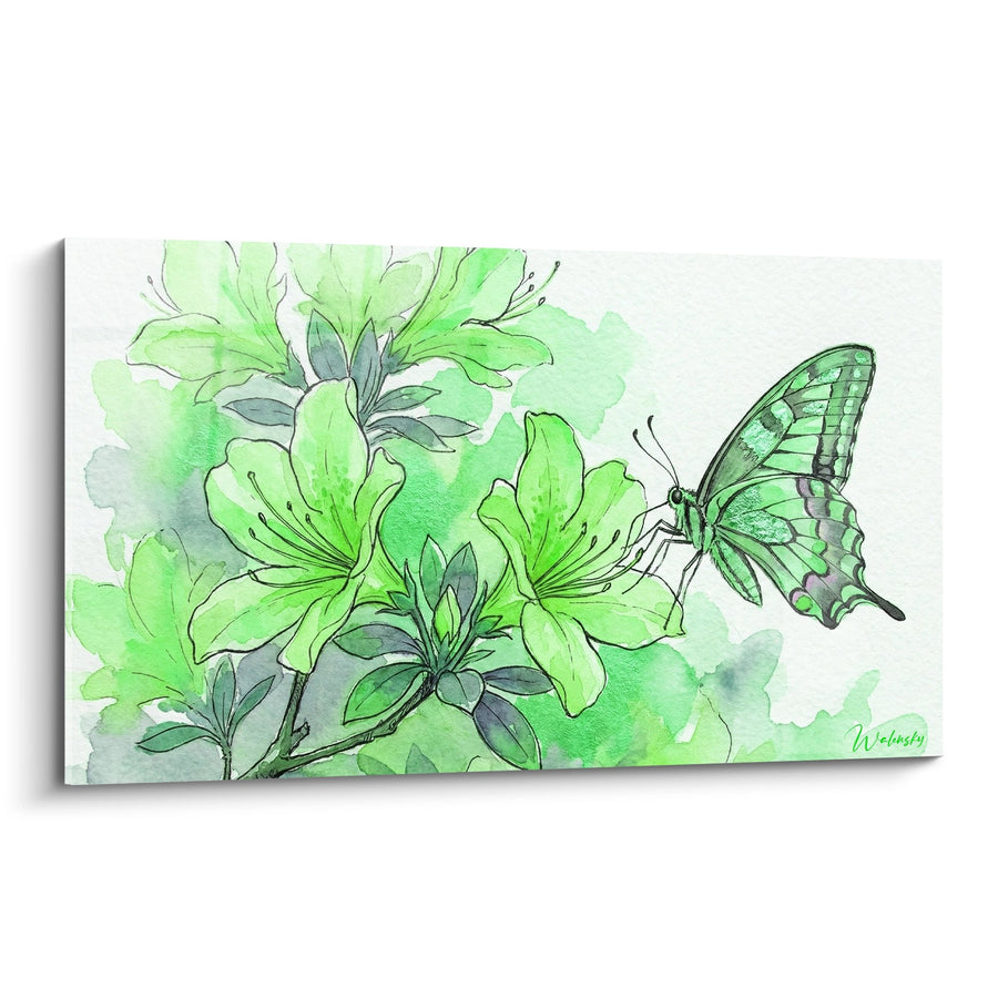Tableau Aquarelle Verte Arbre Miniature et Papillon - Sérénité Japonaise - Edition Bonsaï
