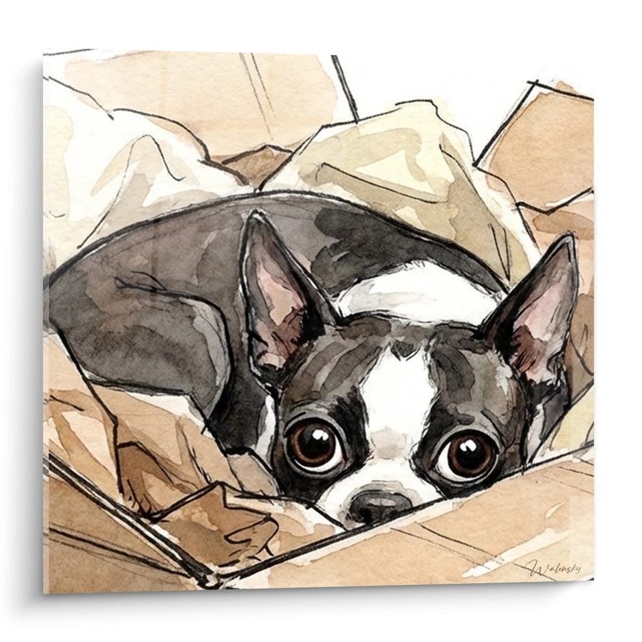 Tableau Boston Terrier Allongé dans une Boîte - Refuge de Tendresse - Edition Boston Terrier