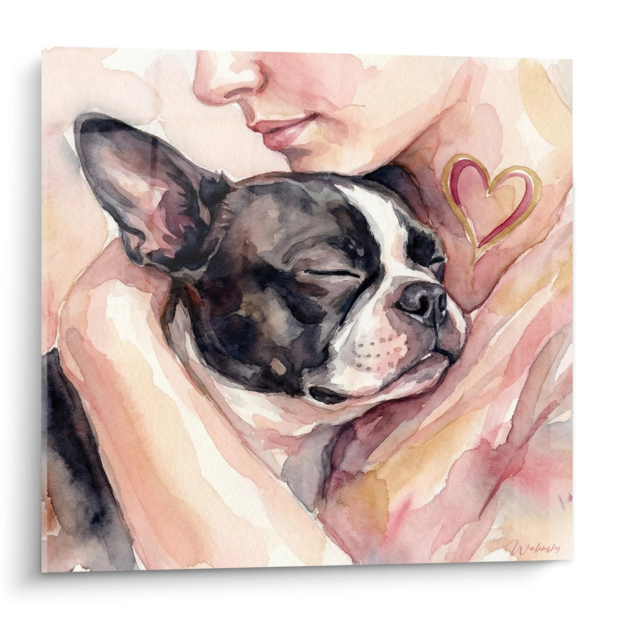 Tableau Boston Terrier dans les Bras avec Cœur Doré - Tendresse Éternelle - Edition Boston Terrier