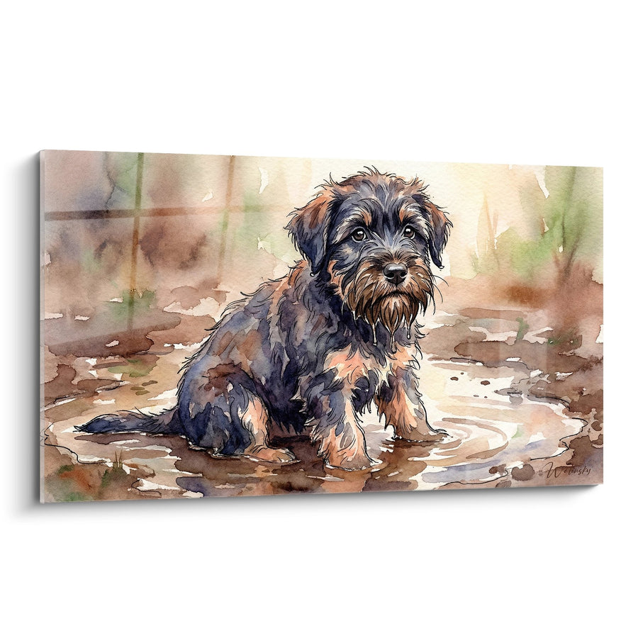Tableau Chiot Assis dans Flaque d'Eau - Tendresse Aquarellée - Edition Bouvier des Flandres