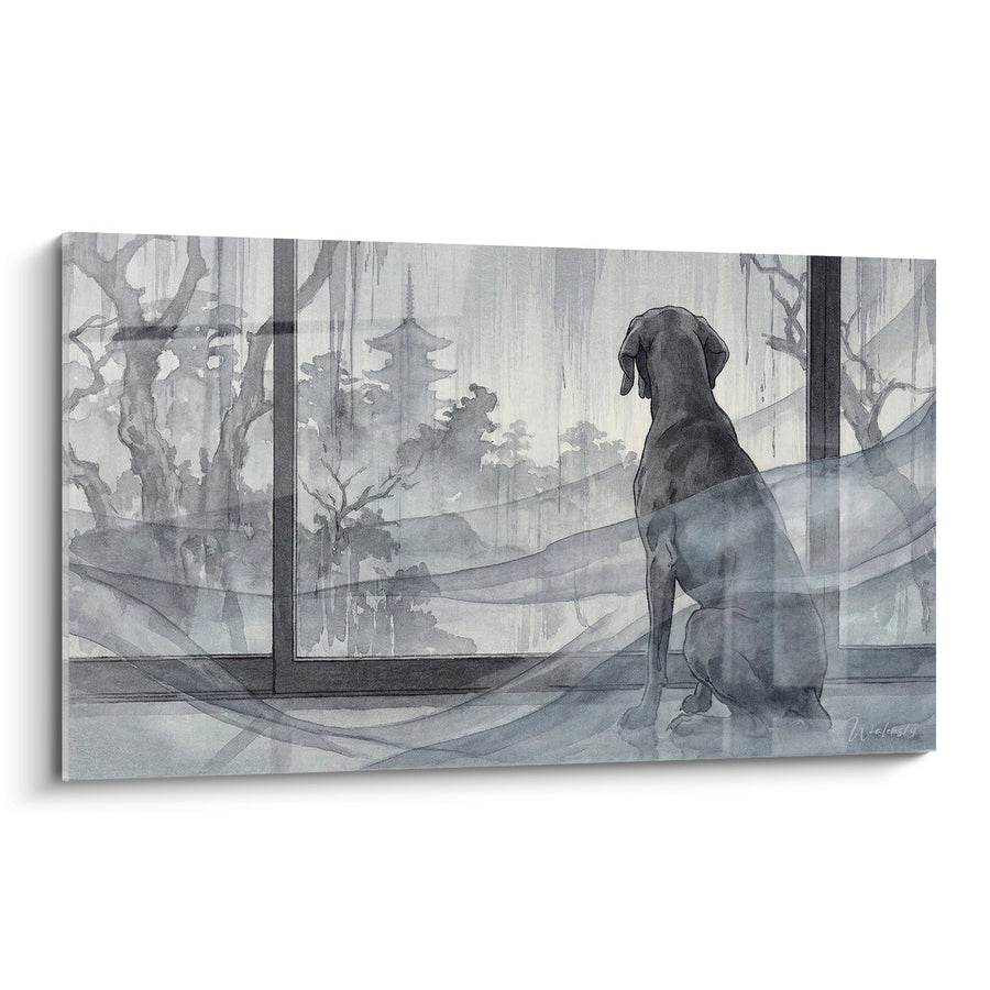 Tableau Chien Assis Face à la Pluie Aquarelle Grise - Contemplation Silencieuse - Edition Braque de Weimar
