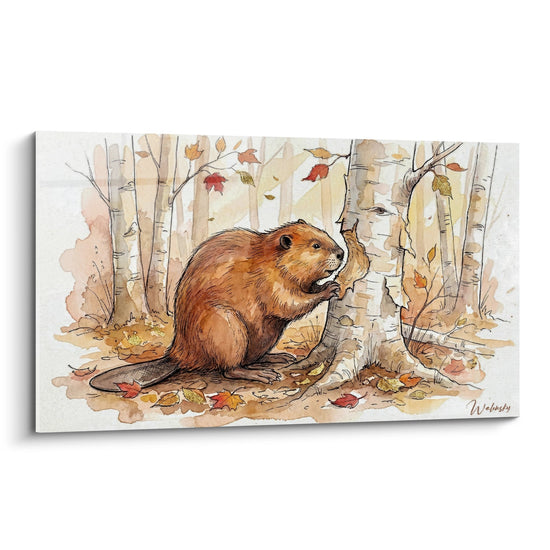 Rotbrauner Biber in herbstlichem Birkenwald Aquarell - Waldcharme - Biber-Edition