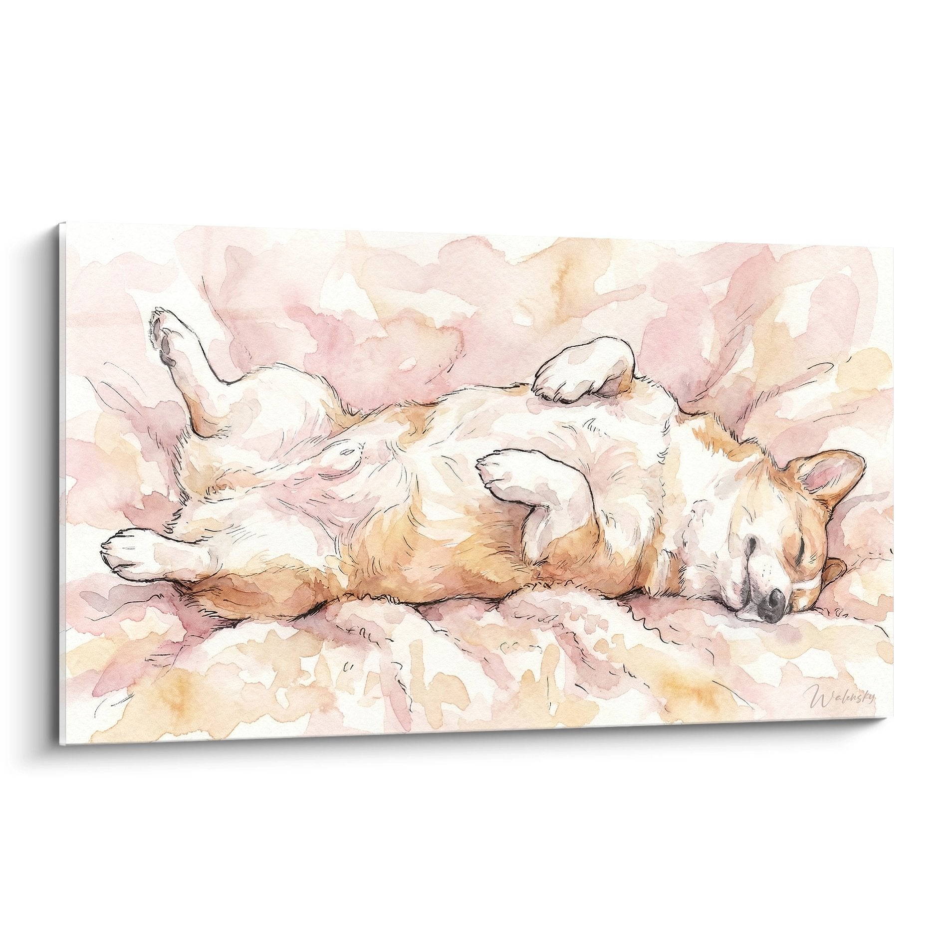 Aquarelle chien endormi tons roses poudrés beiges dorés ambiance douce apaisante