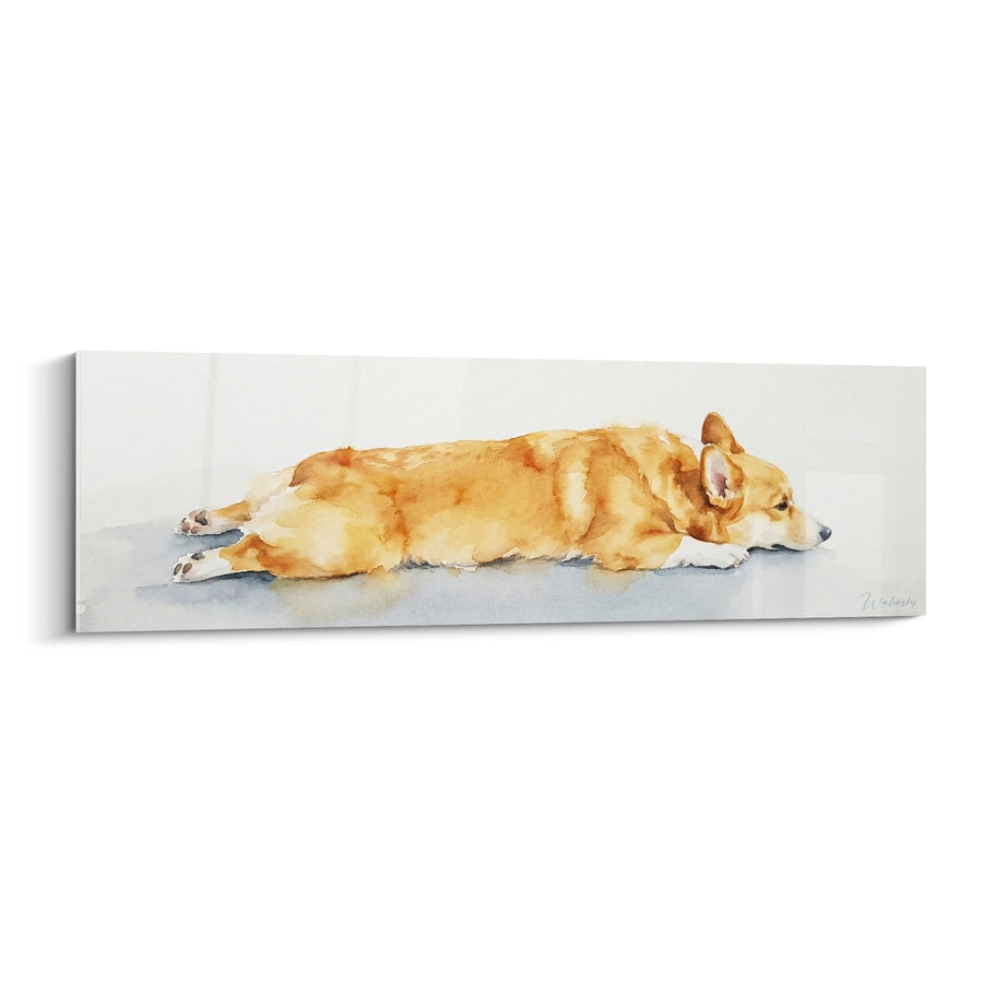 Tableau Corgi Allongé Aquarelle Dorée - Repos Paisible - Edition Corgi Pembroke