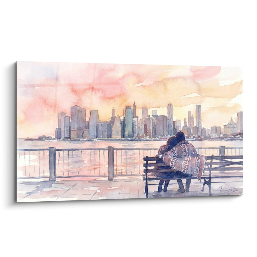 Tableau Couple Sur Banc Face aux Gratte-Ciels Aquarelle Rose Pêche - Sérénité Urbaine - Edition Brooklyn