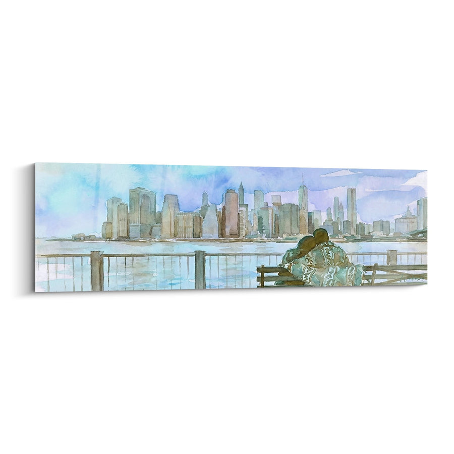 Tableau aquarelle couple contemplant Manhattan depuis Brooklyn Heights - Instant de complicité - Edition Brooklyn