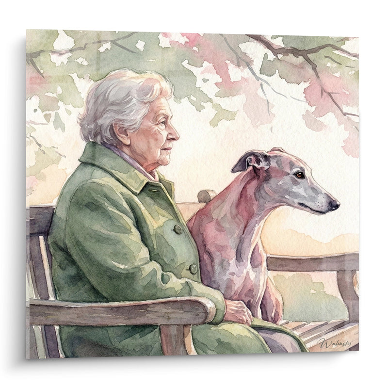 Tableau Dame Âgée et Lévrier Greyhound à l'Aquarelle - Complicité Tendre - Edition Lévrier Greyhound