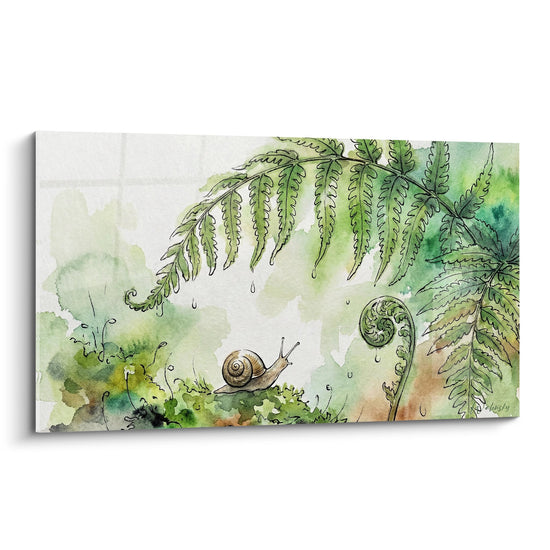 Aquarell-Wandbild mit Schnecke und tropischen Farnen - Geheimer Garten - Schnecken-Edition