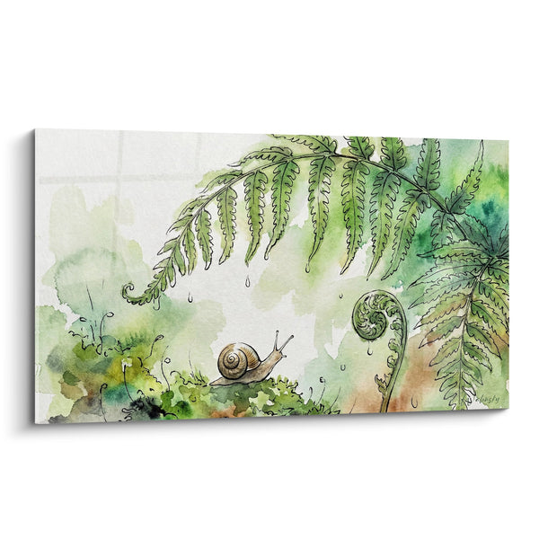Cuadro acuarela verde con caracol y helechos tropicales - Jardín Secreto - Edición Caracol