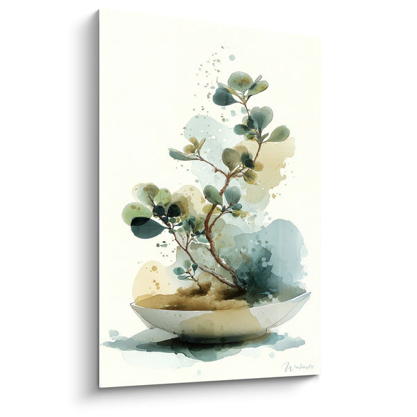 Gemälde Eukalyptuszweig in grünem und beigem Aquarell in Zen-Schale - Pflanzliche Gelassenheit - Ikebana Edition