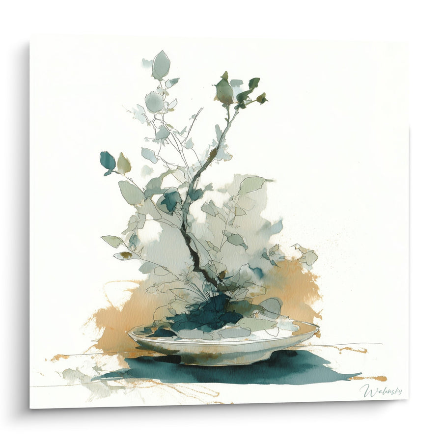 Tableau Aquarelle Branche Eucalyptus sur Plat Céramique Beige - Sérénité Végétale - Edition Ikebana