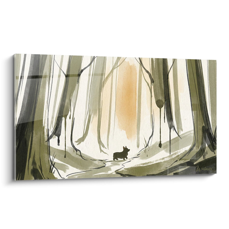 Tableau Forêt Automnale avec Silhouette de Chien - Promenade Mystique - Edition Corgi Pembroke