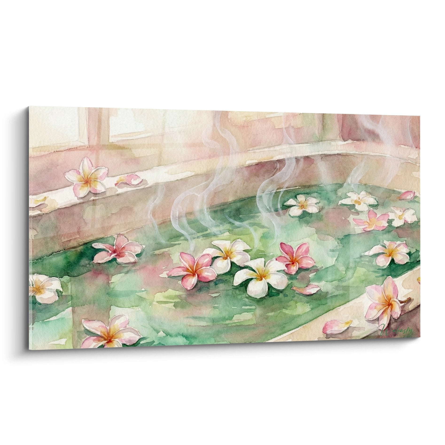 Aquarell Plumeria-Blüten rosa weiß schwebend Thermalbecken Dampf Wanddekoration Bali