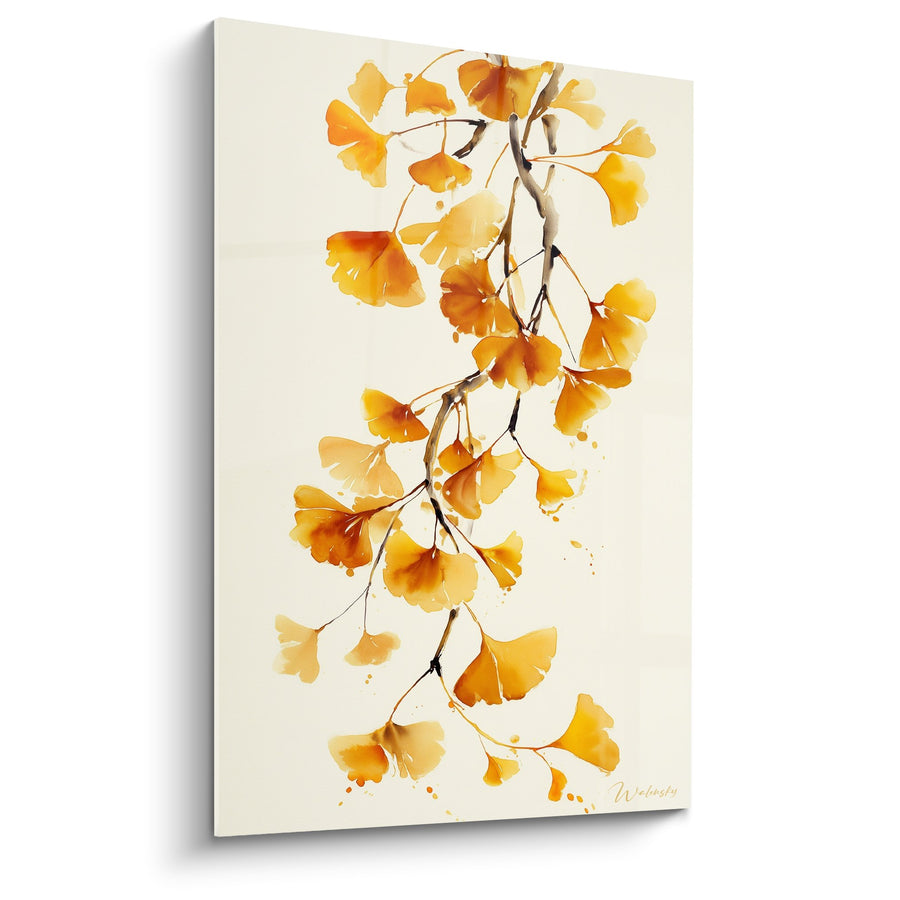 Tableau Branche de Ginkgo Doré aux Feuilles Automnales Aquarellées - Lumière Dorée - Edition Ginkgo