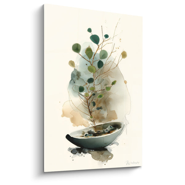Tableau Composition Aquarelle Bol Noir et Branche aux Feuilles Vertes - Harmonie Végétale - Edition Ikebana