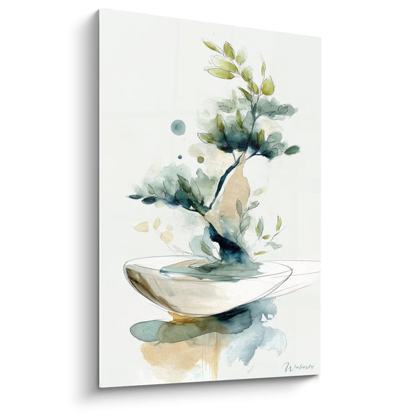 Watercolor Vegetation Composition Painting Blue-Green and Refined Vase - Minimalist Harmony - Ikebana Edition