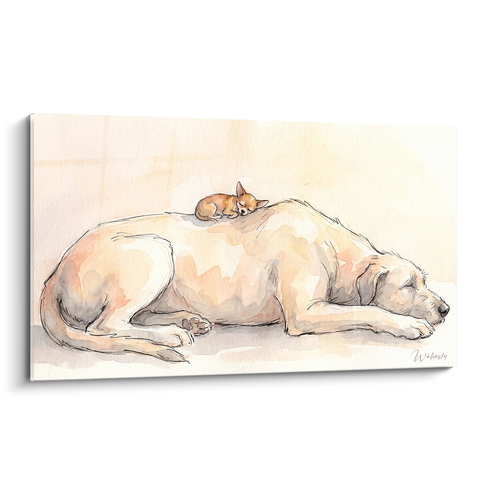 Aquarelle Irish Wolfhound beige allonge avec petit chihuahua fauve endormi - tons pouders doux - art mural