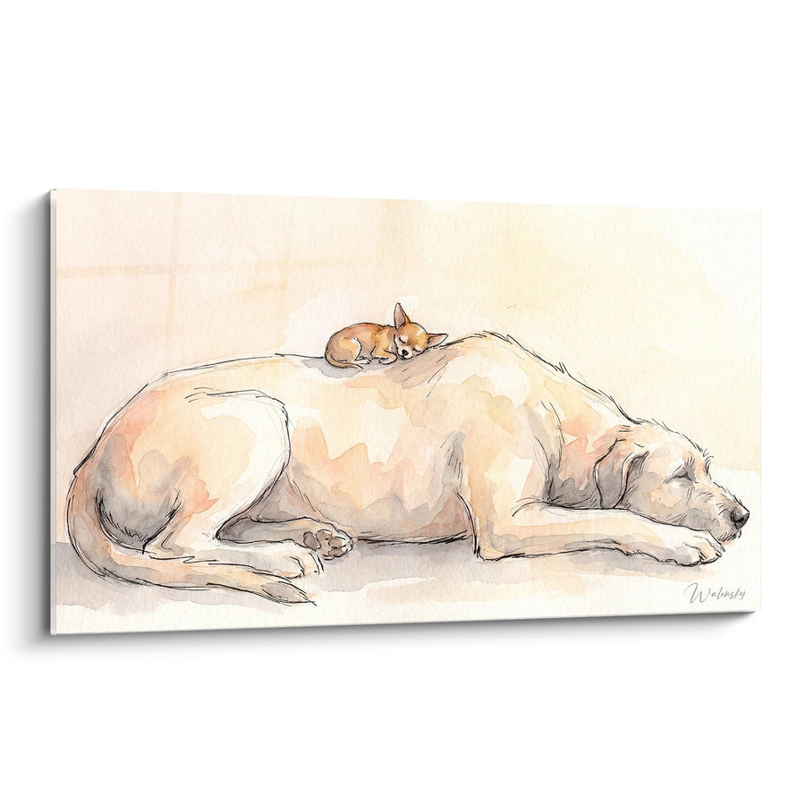 Tableau Irish Wolfhound Endormi avec Petit Chihuahua Fauve - Aquarelle Apaisante - Edition Irish Wolfhound