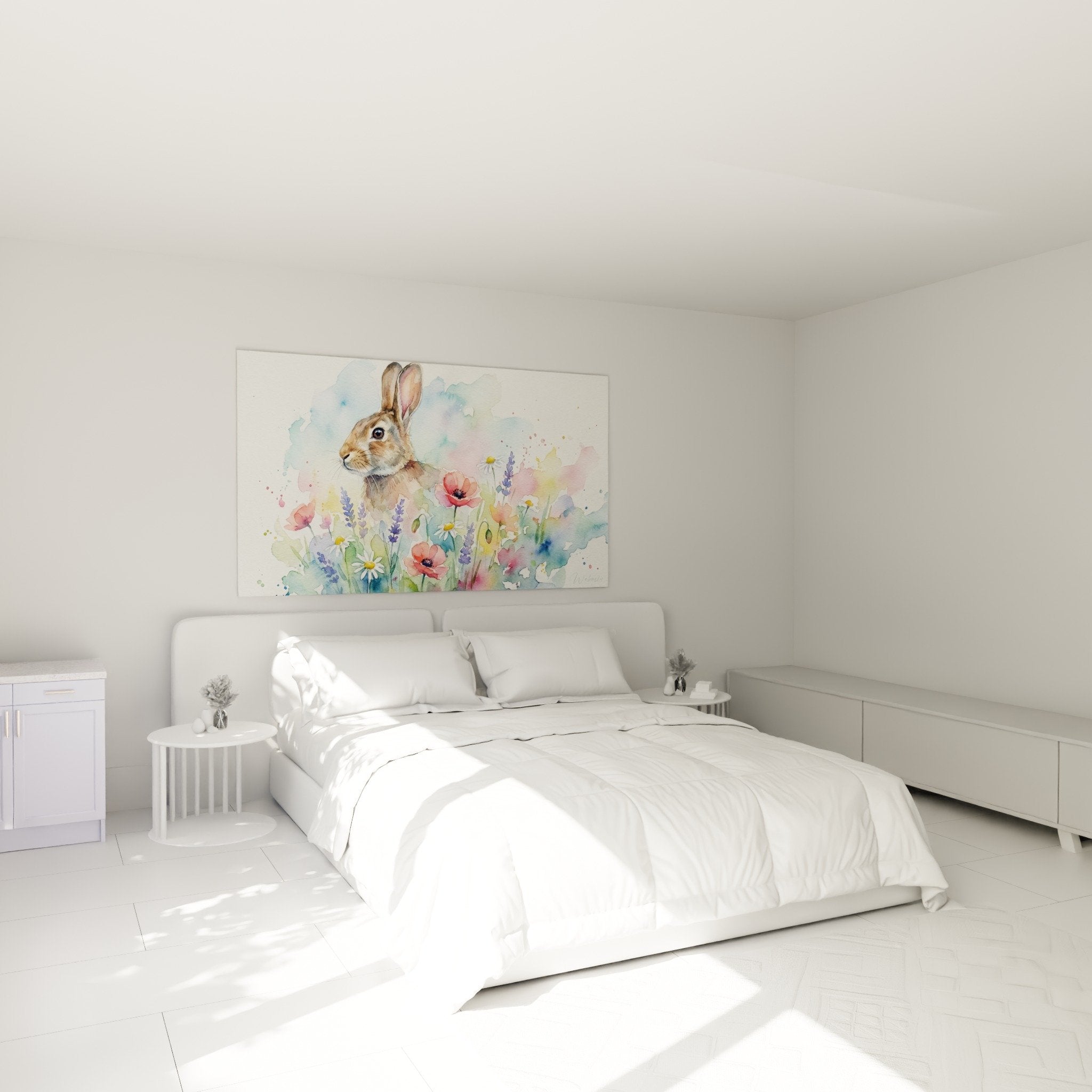 Aquarellkaninchen mit mehrfarbigen Blumen an der Wand aufgehängt Schlafzimmer Wanddekoration sanfte beruhigende