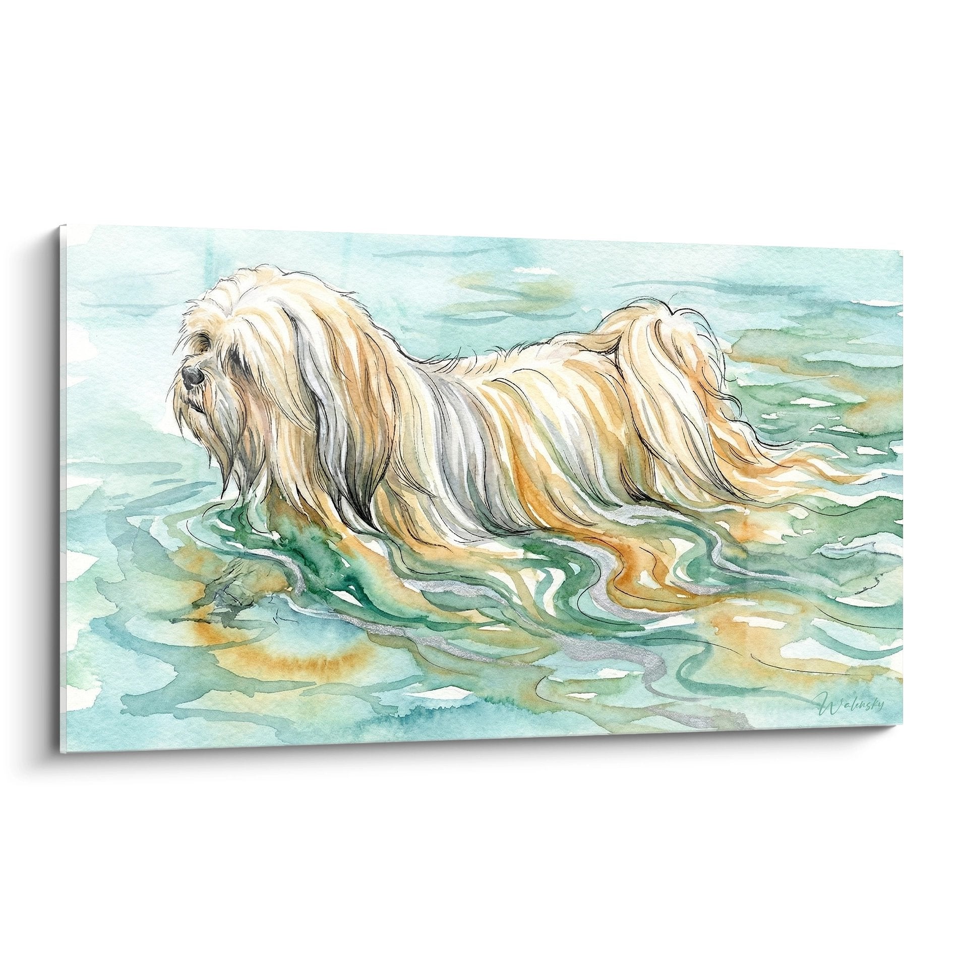 Aquarelle Lhassa Apso aux poils dorés dans eau turquoise, style délicat aux tons pastel beige et bleu