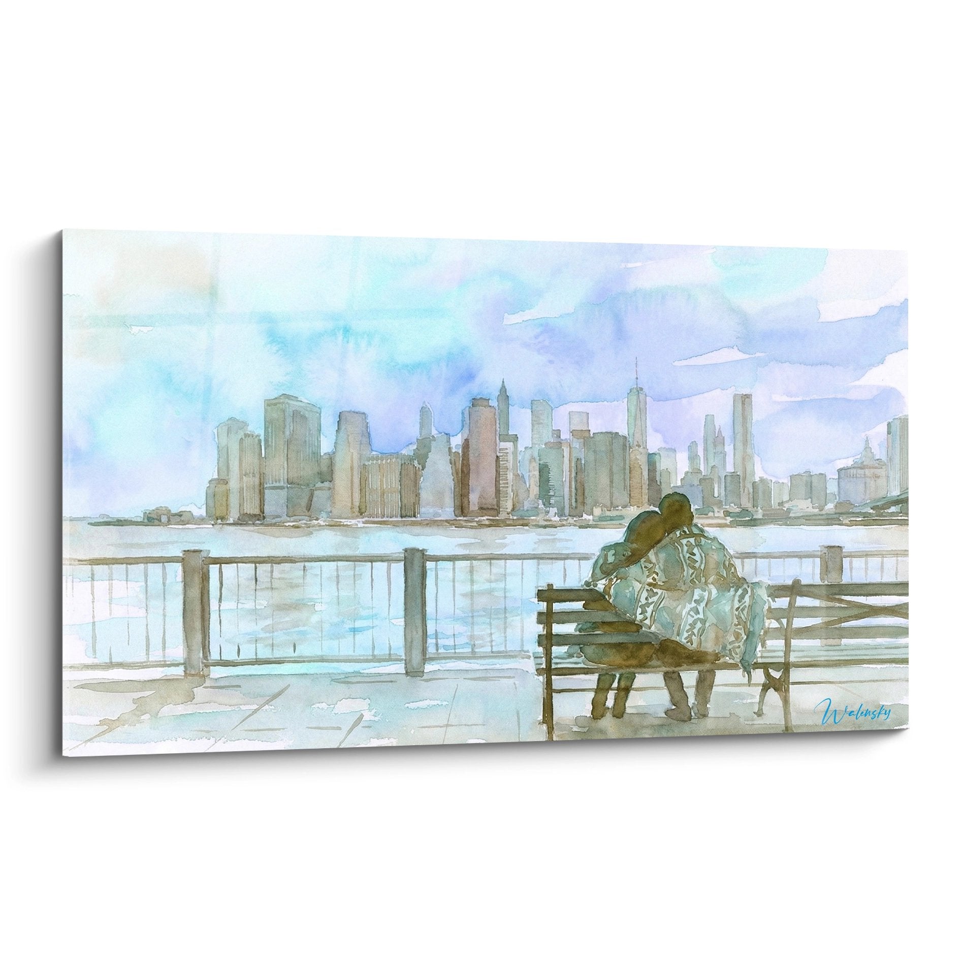 Aquarelle couple contemplant Manhattan depuis promenade, ciel violet, gratte-ciels bleus, style délicat romantique urbain