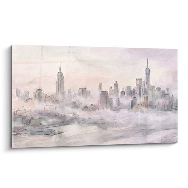 Cuadro Acuarela Rascacielos en Bruma Rosa y Gris - Metrópolis Vapurosa - Edición Manhattan