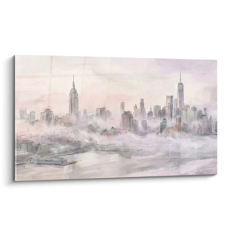 Tableau Aquarelle Gratte-Ciel dans Brume Rose et Grise - Métropole Vaporeuse - Edition Manhattan