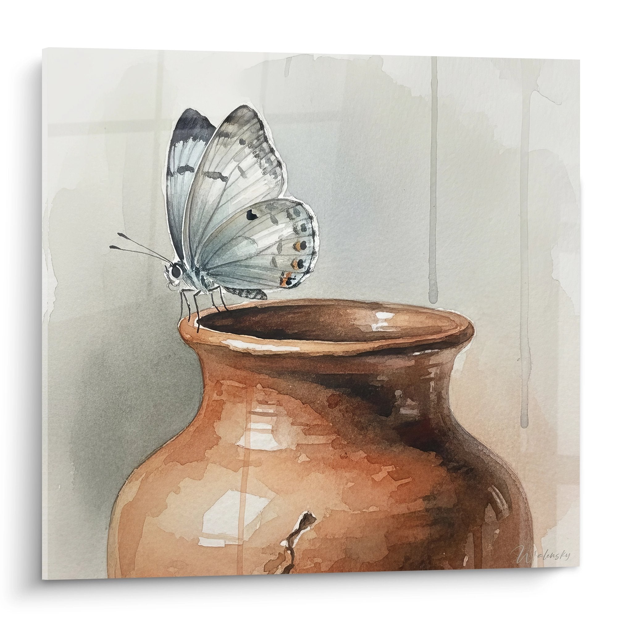 Aquarelle papillon bleu posé sur poterie terracotta style Japandi fond beige naturel