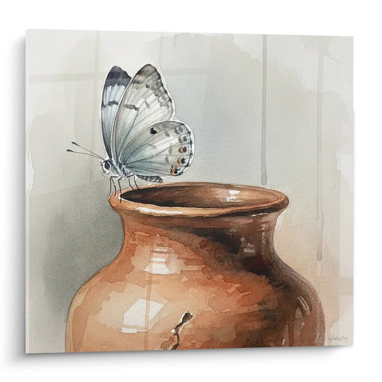 Blauwe vlinder en terracotta potten in delicate aquarel - Natuurlijke harmonie - Japandi-editie