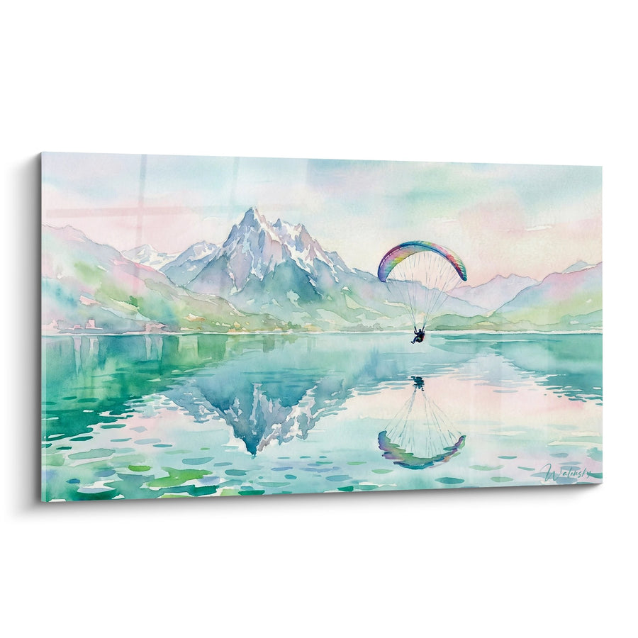 Tableau Parapente au-dessus d'un lac de montagne aux reflets turquoise et rose - Liberté Alpine - Edition Parapente