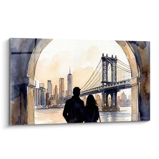 Cuadro Acuarela Puente Colgante Siluetas Pareja - Vista Romántica - Edición Brooklyn