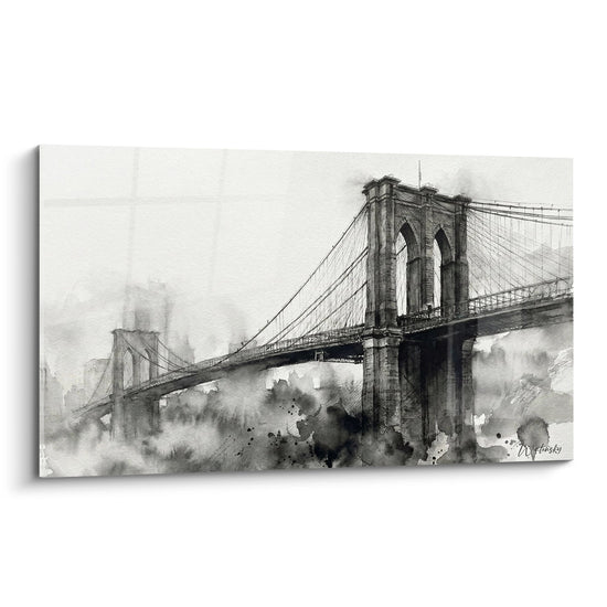 Cuadro acuarela monocromático puente colgante arquitectura gótica - Nieblas urbanas - Edición Brooklyn