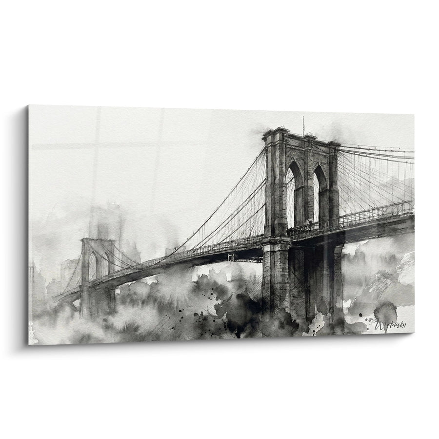 Tableau aquarelle monochrome pont suspendu architecture gothique - Brumes urbaines - Edition Brooklyn