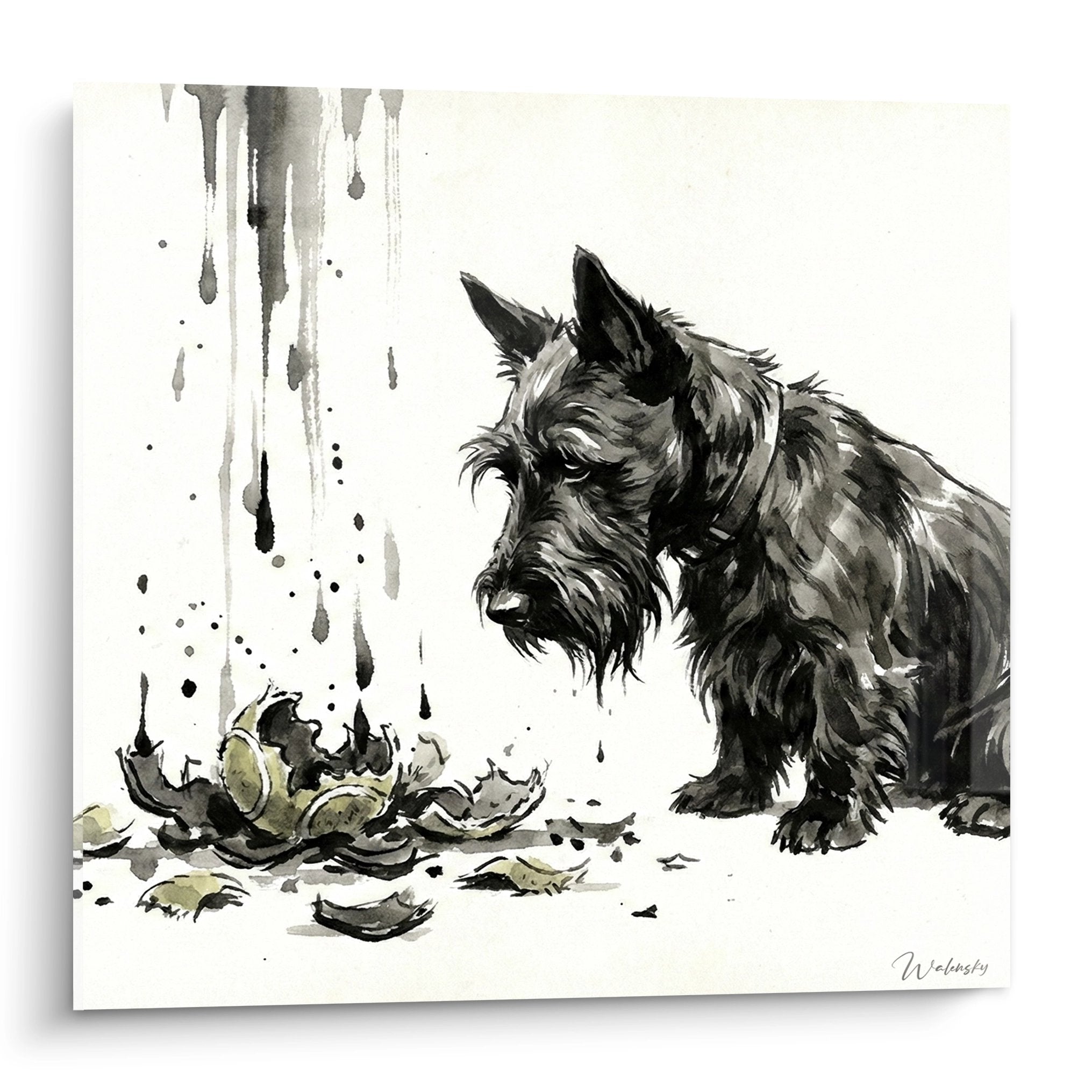 Aquarelle scottish terrier sous la pluie avec coulures grises et feuilles automnales au sol