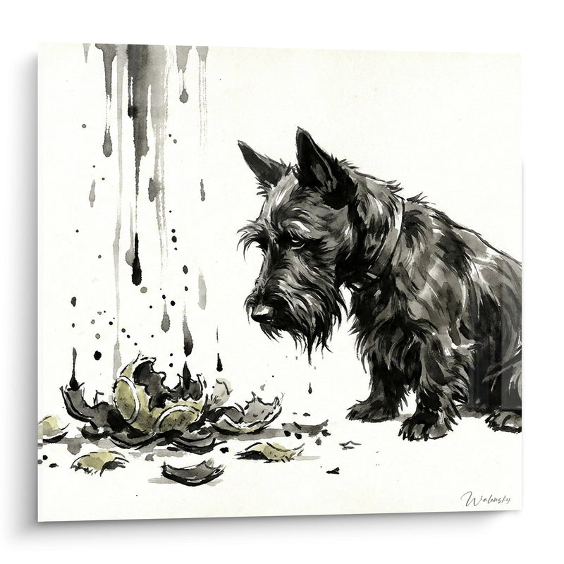 Hundegemälde Terrier im Regen Aquarell - Herbstmelancholie - Scottish Terrier Edition
