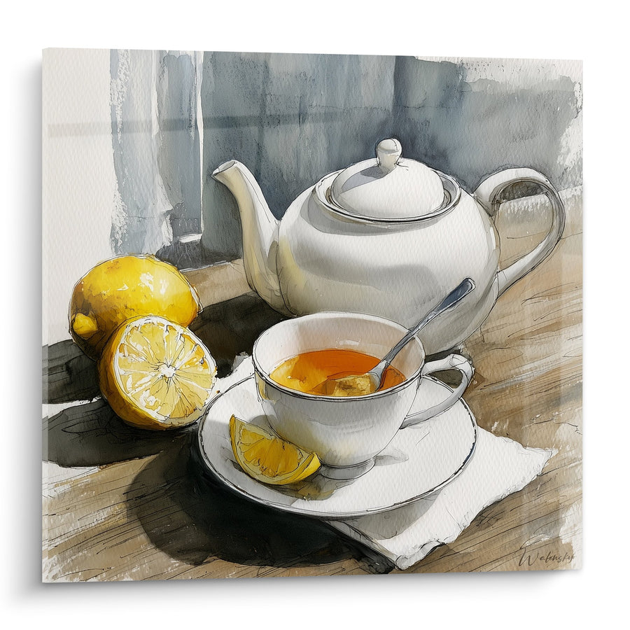 Tableau aquarelle service à thé traditionnel avec citrons frais sur table en bois - Rituel japonais authentique - Edition théière japonaise