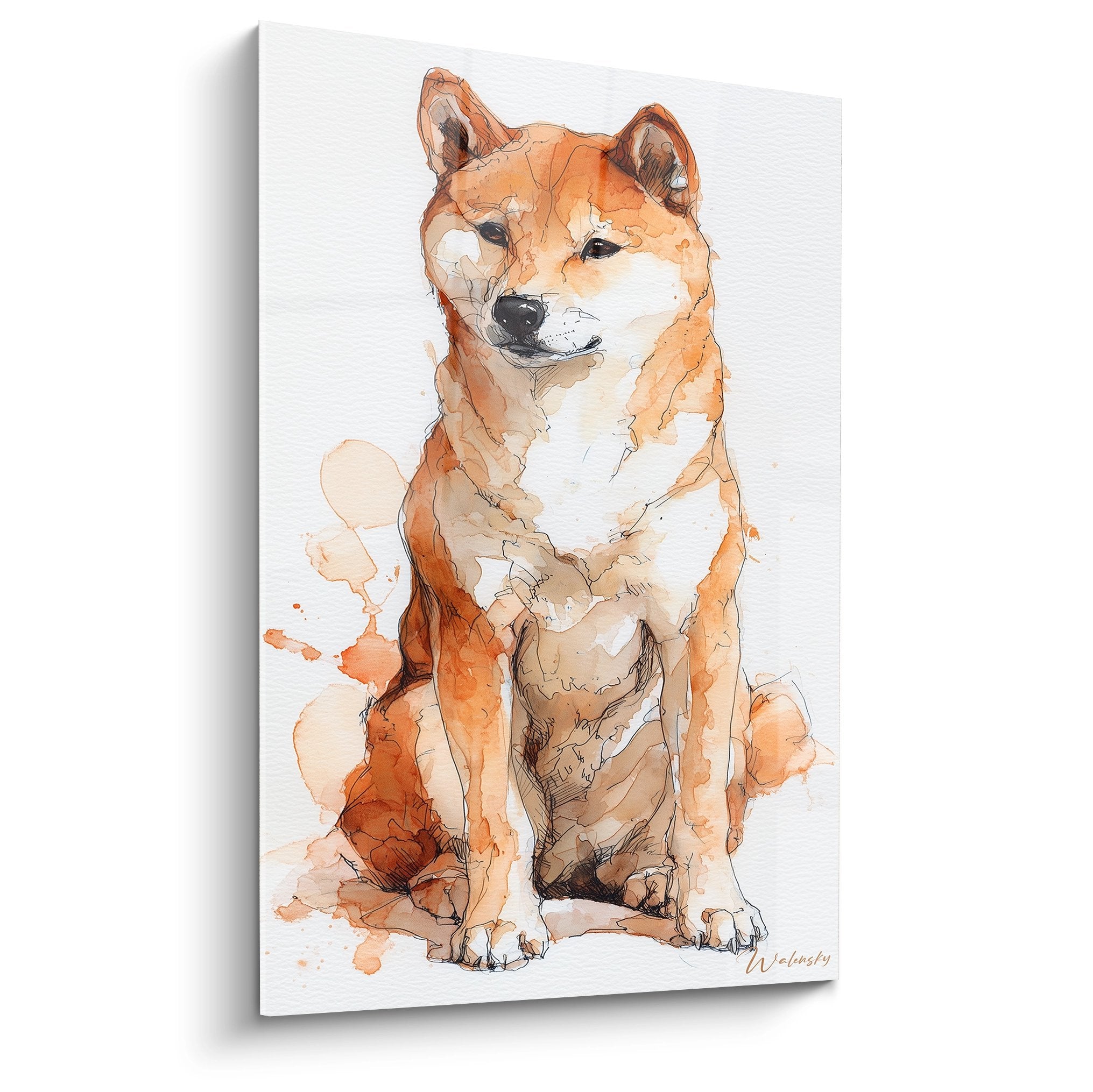 Aquarelle d'un Shiba Inu assis aux tons oranges avec coulures artistiques sur fond blanc